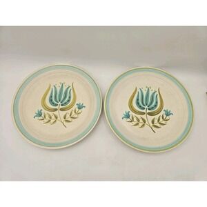 (2) Franciscan Tulip Time 10" Dinner Plates Earthenware Blue Green 1963-1973